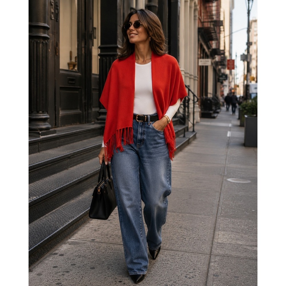 Allude Cashmere Fringe Western Designer Boho Fall Poncho Orange OS